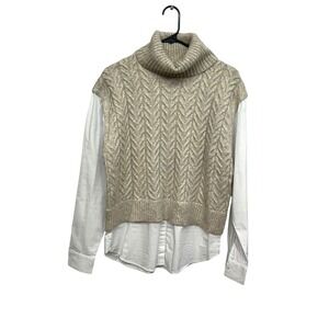 Sincerely‎ Jules Beige Cable Knit Turtleneck Layered Sweater Vest Top L Academia